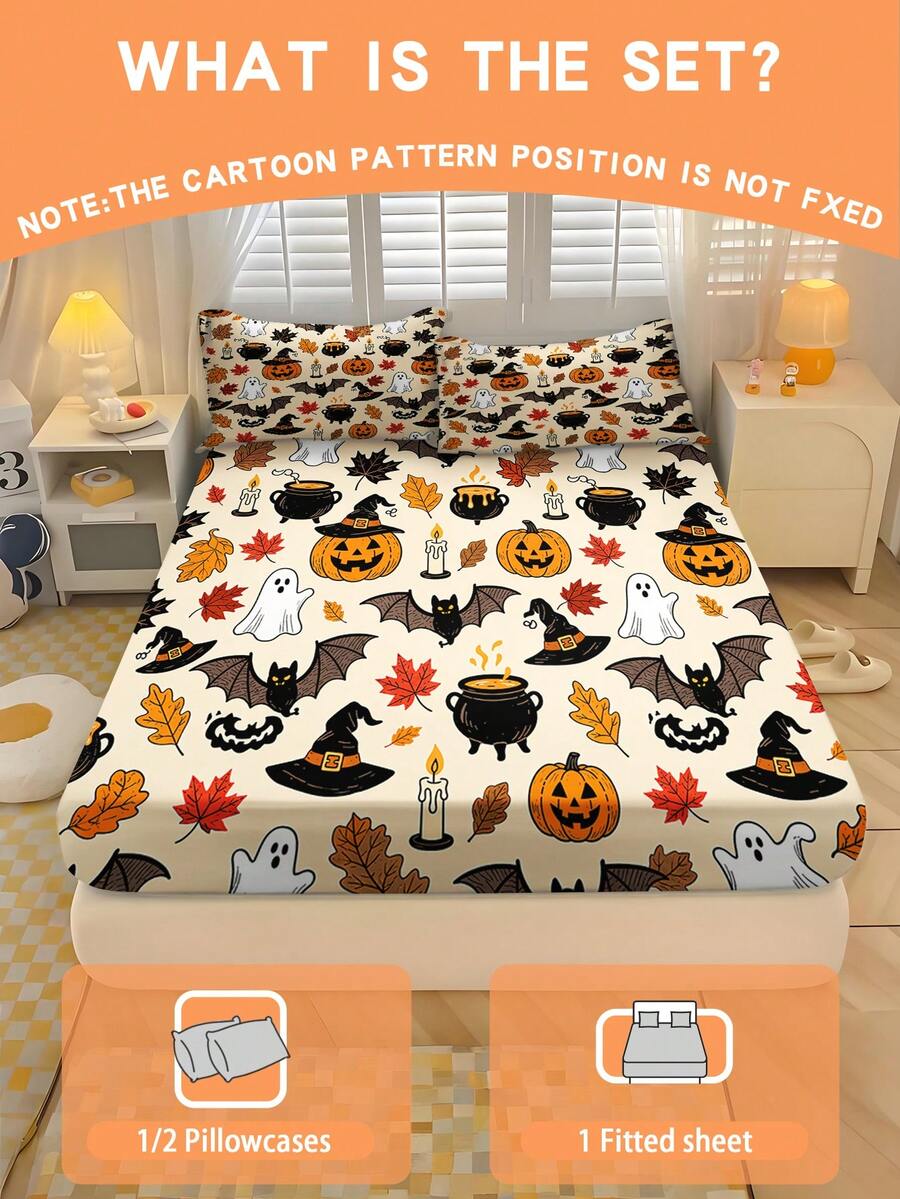 2/3PCS Halloween Cartoon Fitted Sheet Set Pumpkin Bat Print Fitted Sheet Set Soft Breathable Bedding For All Seasons Twin/Full/Queen 100% Polyester Machine Washable - Multicolor - View 1