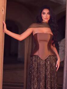 Women's Sequin Strapless Formal Evening Gown, Long Flared Skirt, Exquisite Detail Design, Create Stunning Evening Look - Coffee Brown - View 3