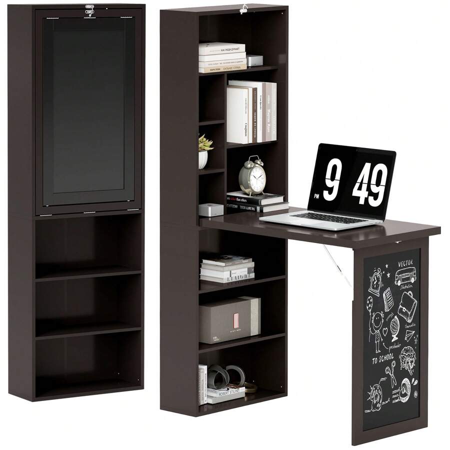 Mesa dobrável de parede com espaço de armazenamento, estante, área de trabalho, quadro-negro e prateleira ajustável. - A - Ver 1