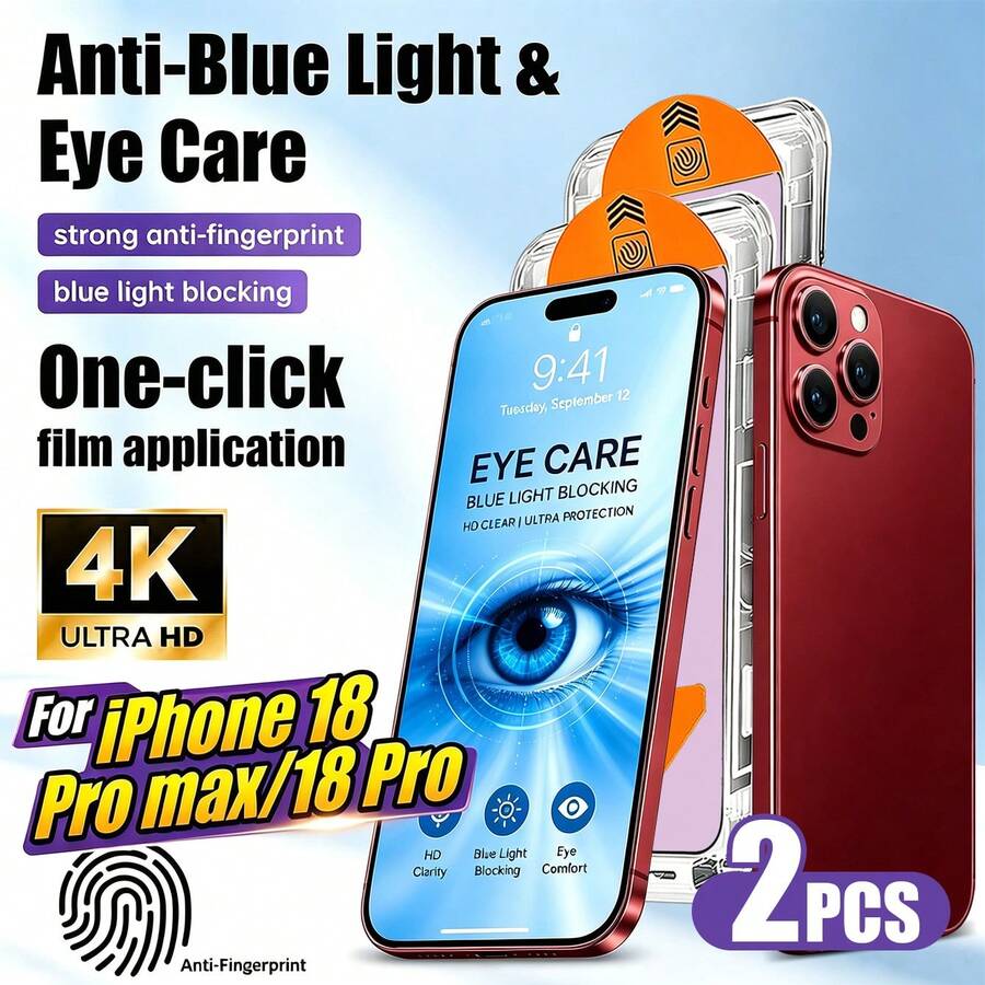 Yezodawee 2pcs Anti-Blue Light Purple Dust-Free Glass Screen Protector For Phone 18 Pro Max/18 Pro/Phone 17 Pro Max/17 Pro/17 Air/17/Phone 15 Pro Max/15 Pro/15 Plus/16 Pro Max/16/16e/16 Pro/16 Plus/14 Pro Max/14/14 Pro/14 Plus/13 Pro Max/13/13 Pro/12/11/XR Eye Protection Auto-Installation Film - Clear - View 1