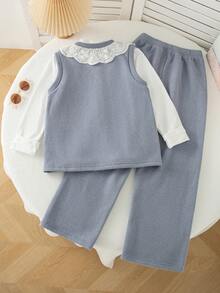 Girls' Casual Fashion Outing Hollow Lace Peter Pan Collar Sleeveless Vest, Long Sleeve Base Layer And Straight Leg Pants, Spring/Autumn - Blue - View 2