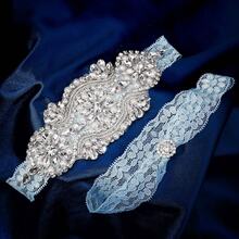 2pcs/Set Light Blue Lace Rhinestone Wedding Garter Faux Pearl Bridal Elastic Thigh Ring Something Blue Prom Accessories - Baby Blue - View 5