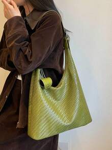 Tas Bahu Tenun Minimalis Nicekee, Dilengkapi Klip Kacamata, Tas Ketiak Kapasitas Besar yang Elegan, Cocok untuk Berbelanja dan Bepergian - Hijau - View 6