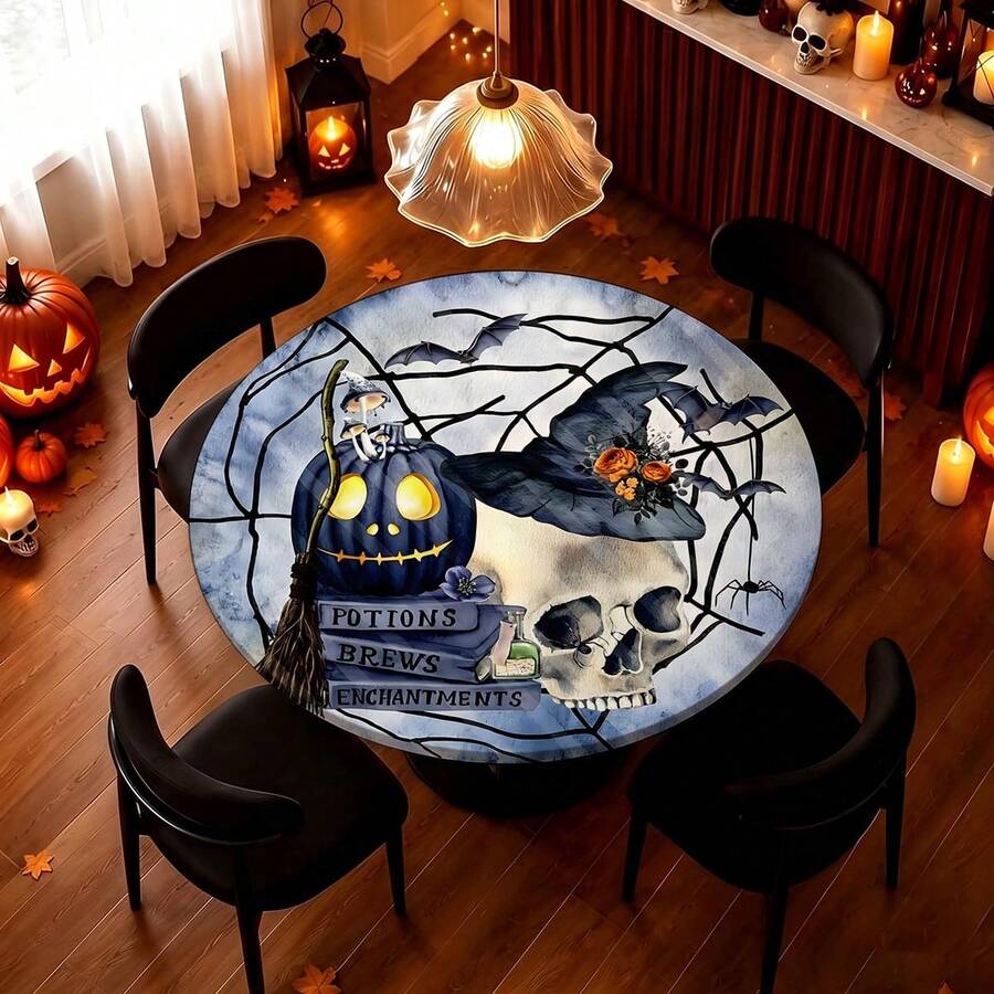 1pc Spider Web, Pumpkin, Skull Round Tablecloth, Halloween Tablecloth With Elastic Edge, Soft Wrinkle-Resistant, Waterproof Oil-Resistant Scratch-Resistant, Suitable For Round Dining Table, Outdoor Restaurant Decoration And Outdoor Party, Kitchen, Baking, Outdoor Decor, Outdoor Yard, Breakfast, Brunch And Party Decoration - Multicolor - View 1