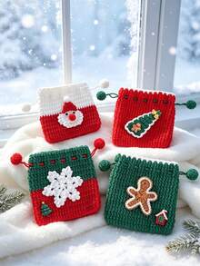 10/1pc Handmade Crochet Knitted Drawstring Storage Bag, Square Mini Soft Woven Pouch With Pom Pom Drawstring, 3D Santa Claus Snowflake Gingerbread Man Christmas Tree Applique Decor, Small Coin Purse, Christmas Holiday Party Decoration Gift Bag - Multicolor - View 5