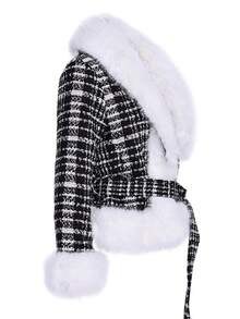 Women's Autumn/Winter Commute Small Pendant Jacket, Lightweight Jacket-Style Down Coat, All-Match Versatile Design With Fur Collar, Belt Included - Black and White - View 2