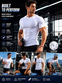 Men's Tight Fit High Elasticity Muscle Short Sleeve T-Shirt - Tight Fit Short Sleeve Top, Machine Washable Solid Color Sports Fitness & Casual Wear, Suitable For Summer | Fashion Design | Lightweight Polyester Elastic Fabric - White - View 4