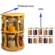 1 Set Rotating Round Bamboo Spice Rack With 10 Round Clear Glass Jars, Sealed Bamboo Lid Glass Jars, Kitchen Countertop Storage Rack, Suitable For Spices, Coffee Beans, Dried Grains And Seasonings - View 7