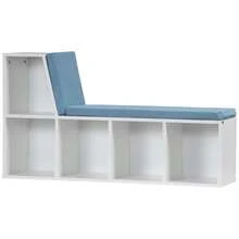 2-in-1 boekenkast/bank met 5 opbergvakken en 2 kussens, 108 x 30 x 60 cm, wit/blauw - A - Bekijken 2