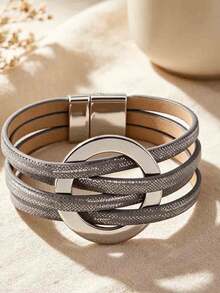 Gelang Kulit PU Multilayer, Gelang Manset Pergelangan Tangan dengan Gesper Magnet Lingkaran Berongga - Gelang kulit bundar berongga - View 15