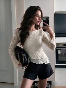 QUNGIGU Women Lace Boat Neck Top Jacquard Bell Sleeve Asymmetrical Wavy Hem Casual For Fall Apparel Going Out Dating - Apricot - View 3