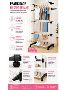Varal de Chão Vertical 3 Andares Dobrável com Rodinhas e Abas Laterais, Varal de Roupas Grande Multiuso para Apartamento - Preto - Preto - Visão 4