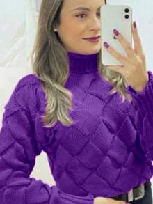 TRICOZHU Women's Blouse HIGH NECK THICK WAVE WINTER KNIT Long Sleeve Blouse 2023 FASHION - Bold Plum - View 1