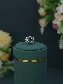 5pcs Handmade Inlaid Green Cubic Zirconia Luxury Elegant Series Water Drop Tassel Design Necklace Bracelet Earrings Ring Set Suitable For Women Daily Wear Wedding Party (Gift Box Packaging) - Water Droplet Design Set - View 9