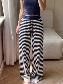 Casual Fashion Versatile Striped Drawstring Loose Fit Women's Long Pants, New Autumn/Winter Style, Suitable For Daily Commute - Blue - View 2