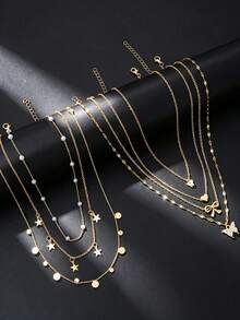 7pcs Set Minimalist Heart Butterfly Star Bow Rhinestone Pendant Necklace Set For Women, Date, Vacation, Gift, Daily Wear - Yellow Gold - View 2