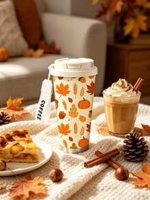 1pc/5pcs 500ml Thanksgiving Autumn Harvest Pattern Insulated Coffee Cup, With Carrying Strap, Reusable Travel Insulated Coffee Cup, Fashionable Drinking Cup, For Iced Coffee, Birthday Holiday Gift For Boyfriend, Pumpkin Maple Leaf Print, Couple Water Cup Suitable For Camping, Road Trips And Holiday Gifts - Multicolor - View 4