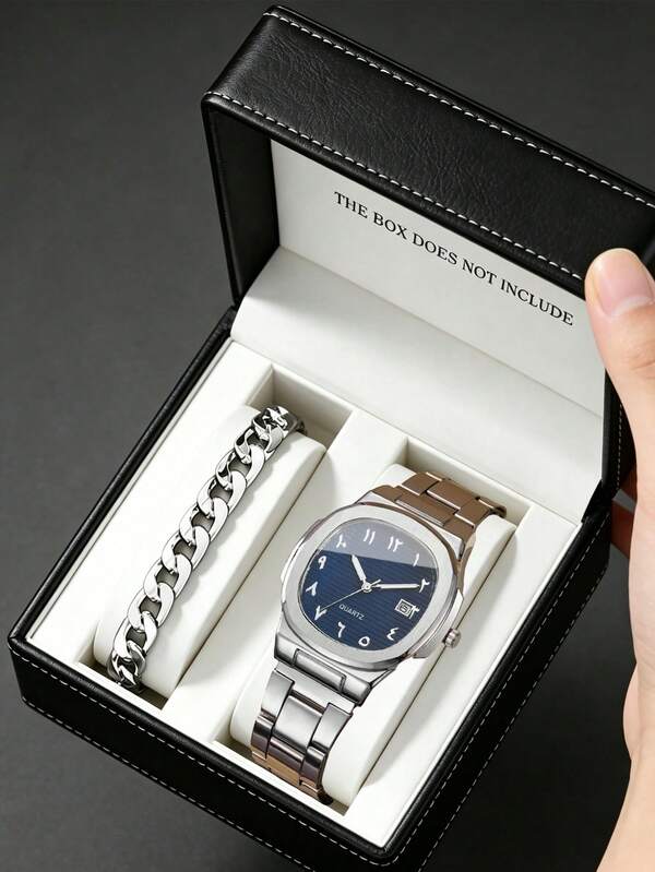 Men's Business Luxury Quartz Watch, Featuring Silver-Tone Stainless Steel Square Case, Paired With Vertical Striped Blue Dial And Arabic Numeral Markers, Exuding A Vintage High-End Texture. Stainless Steel Band With Delicate Texture And Date Display Window, Showcasing A Steady And Sophisticated Elegant.