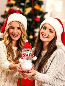 1 Set Transparent Snowman Shaped Plastic Storage Canister With Hat And Red & White/Red & Green Striped Scarf, Suitable As Christmas Party Favor, Christmas Table Decor, Christmas Dessert Table Decoration Or Afternoon Tea Party Gift - Multicolor - View 2