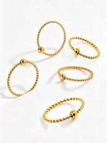 5pcs Fashionable Personalized Twisted Bead Design Stainless Steel Rings, Suitable For Women's Daily Wear Or Party - Gold - View 8