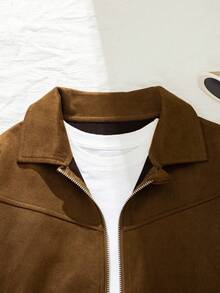 Jaket Kasual Sehari-hari untuk Anak Perempuan, Model Maillard, Warna Polos, Bahan Suede, Kerah Bulu, Resleting, Musim Gugur/Dingin - Coklat - View 3