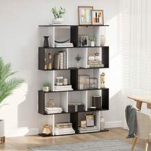 Boekenkast met 5 planken, S-vormig opbergmeubel met planken, opbergrek voor woonkamer, slaapkamer, kantoor, 60 x 24 x 184,5 cm, zwart, wit - A - Bekijken 9