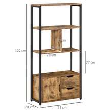 Estante de estilo industrial com 3 prateleiras, porta de armário, 2 gavetas, em aglomerado com acabamento em madeira envelhecida e detalhes em aço preto. - A - Ver 5