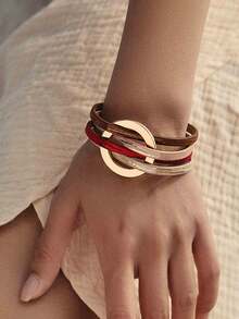 Gelang Kulit PU Multilayer, Gelang Manset Pergelangan Tangan dengan Gesper Magnet Lingkaran Berongga - Gelang kulit bundar berongga - View 23