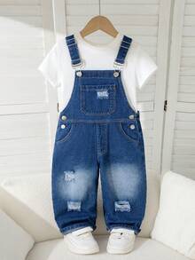Overall Denim Biru Tua untuk Anak Laki-Laki, Celana Jeans Kaki Lebar dengan Ujung yang Robek, Tali Bahu yang Dapat Diatur, Saku Depan, Gaya Baru untuk Pakaian Sekolah dan Aktivitas Luar Ruangan Sehari-hari - Biru - View 6