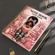 1Pc Cute Afro Girl Book Lover Spiral Notebook, Pink Floral & Stack Of Books Design, A5 21x14.5cm Wirebound Paper Journal For Writing & School Notes, 30 Sheets (60 Pages) Gift For Students & Kids - Rectangle - View 7