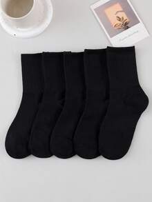 1/5/10 Pairs Of Pure Black Basic Mid Tube Men's Socks, Breathable, Sweat Absorbing, Versatile Sports Socks, Business Commuting Socks For All Seasons - Black - View 2