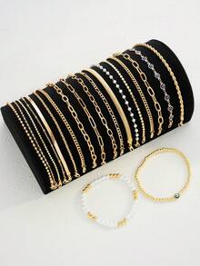 Juego de 20/6 pulseras vintage bohemias con ojo malvado, perlas y oro, adecuado para uso diario de mujeres, fiestas, playa, vacaciones, capas, regalo de vacaciones - Dorado - Ver 5