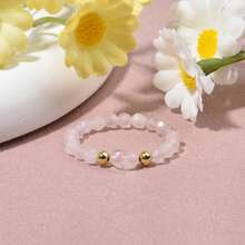 1pc Bohemian Style 3mm Natural Stone Rose Quartz Aquamarine Sparkling Faceted Round & Irregular Beads Elastic String Ring, Minimalist Elegant Beaded Ring For Women Stacking, Friendship Memorial Gift - Multicolor - View 15