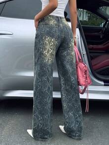 Celana Jeans Wanita Model Vintage Motif Ular Seluruh Permukaan, Potongan Lebar Pinggang Sedang, Model Longgar dan Lusuh, Gaya Jalanan Y2K yang Dipersonalisasi, Celana Denim Hot Girl, Pakaian Wajib untuk Musim Gugur - Medium Wash - View 6
