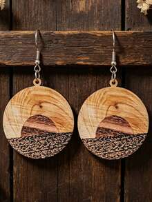 1 Pair Vintage Sunset Landscape Round Wooden Ear Hooks, Western Style Patchwork Wood Grain Distant Mountain Sunset Earrings - Multicolor - View 6