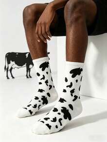 2/6/10 Pairs Unisex Black & White Cow Print Mid-Calf Socks, Street Style Casual Socks Suitable For All Seasons - Type a - View 4