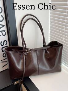 1 buah Tas Tote Patchwork PU Warna Solid Kapasitas Besar Warna Cokelat Kopi untuk Wanita - Coffee Brown - View 7