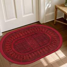 1pc Oval Flannel Door Mat, Red Geometric Pattern, Soft Comfortable Absorbent Non-Slip Machine Washable With Anti-Slip Backing, Suitable For Doorway, Living Room, Bedroom, Kitchen, Bathroom, Patio, Entryway, Laundry Room, Multi-Functional Home Floor Mat Holiday Decor Carpet - Multicolor - View 5
