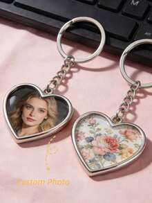 Personalized Stainless Steel Heart-Shaped Keychain With Photo, Fashionable Key Ring For Family Members And Couples, Suitable For Holiday And Birthday Gifts, Customized Photo Keychain For Men And Women - Silver Heart - View 1