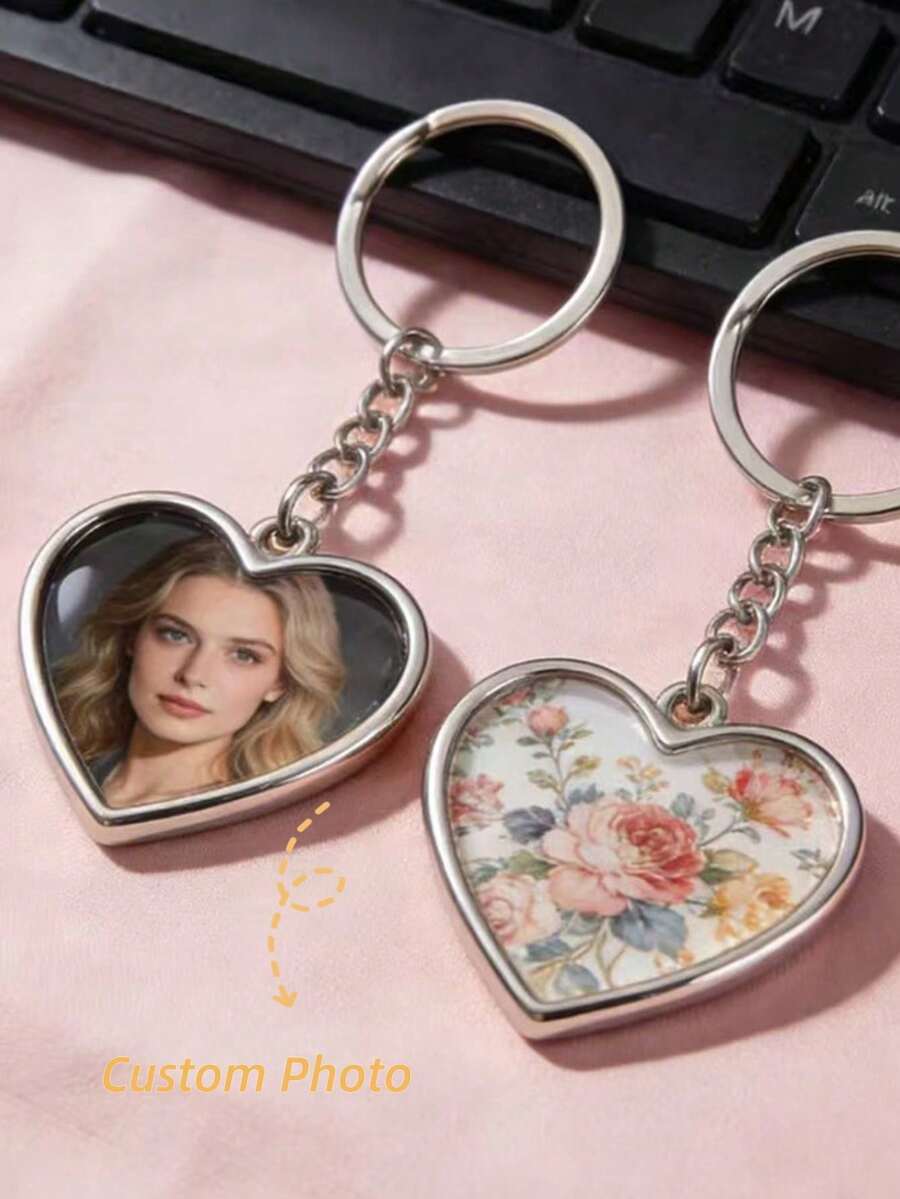 Personalized Stainless Steel Heart-Shaped Keychain With Photo, Fashionable Key Ring For Family Members And Couples, Suitable For Holiday And Birthday Gifts, Customized Photo Keychain For Men And Women - Silver Heart - View 1