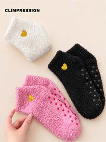 CLIMPRESSION Women's Fluffy Coral Fleece Socks, Cute Heart Embroidered Non-Slip Slipper Socks, Warm Soft Comfortable Winter Sleep Home Socks - Hot Pink - View 10