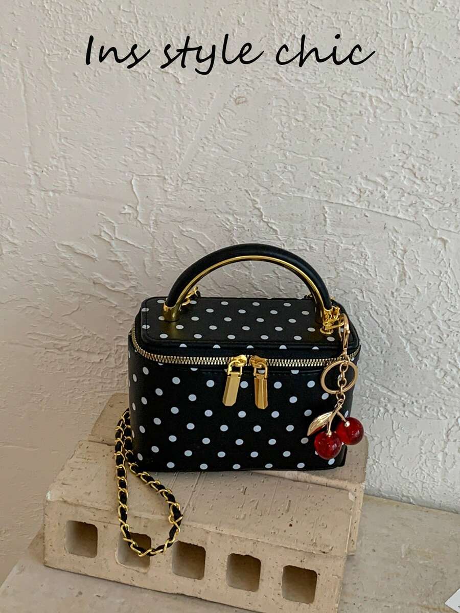Handbag With All-Over Polka Dot Print, Small Square Box Shape, Detachable Long Chain Strap For Crossbody Wear, Smooth Zipper Closure For Easy Access, Comes With Cherry Charm, Suitable For Shopping, Dating, Commuting And Travel - Black - View 1