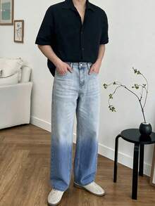 1件男士寬鬆寬腿牛仔褲，休閒百搭，四季皆宜 - 藍色 - 查看 6