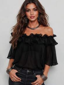 2026 New Off-Shoulder Top, Navy Blue Shirt, Ruffle Top, Double Layer Ruffle, Dark Blue Solid Color, Midnight Blue, Plus Size Friendly Black Summer - Black - View 7