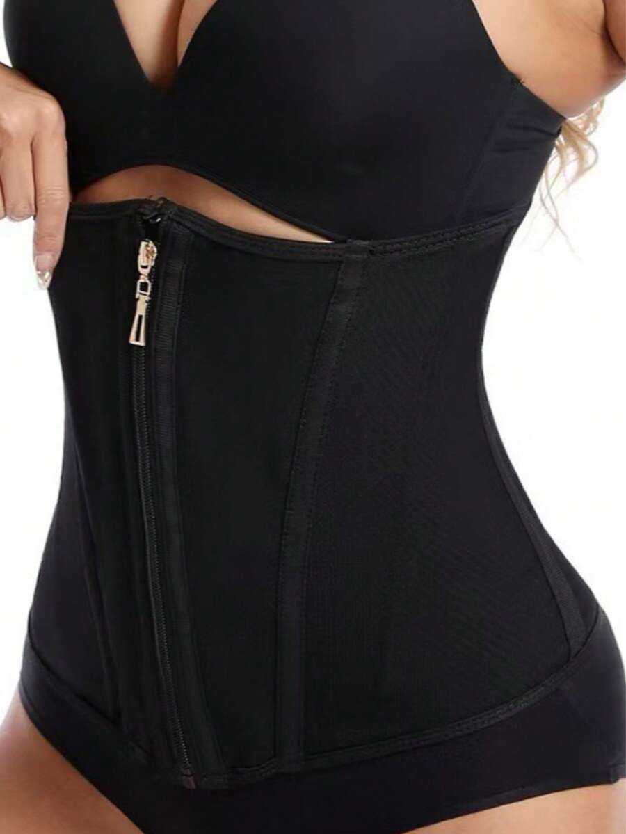 Front Zipper Steel Bone Waist Cincher For Women, Adjustable Hook And Eye Closure, Tummy Control, Waist Shaping And Slimming - Black - View 1