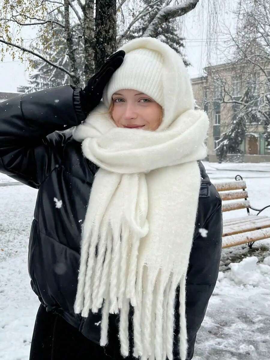1pc Women's Autumn/Winter Solid Color Tassel Faux Cashmere Scarf, Thickened Warm Dual-Use Shawl/Neck Warmer