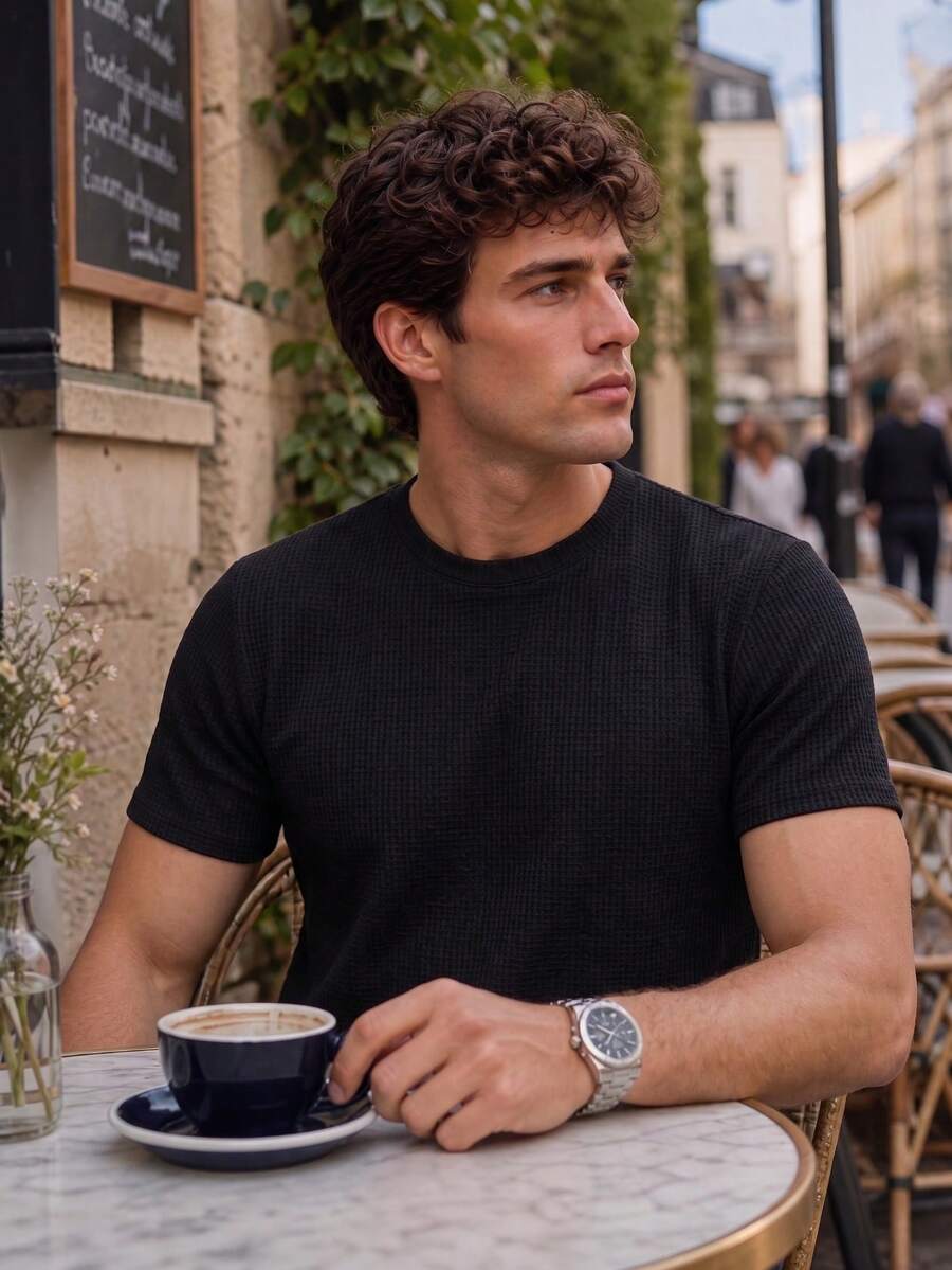Men's Waffle Texture Crew Neck Short Sleeve T-Shirt, Slim Fit Casual Streetwear Top - Black - View 1