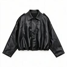 Women's Vintage Aviator Jacket Drop Shoulder Leather Coat, Autumn/Winter Halloween Outfit - Black - View 6