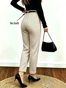 Women's Commuter Solid Color Casual High Waist Ankle Tapered Pants [No Belt] - Apricot - View 8