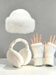 3Pcs Fuzzy Faux Fur Winter Hat Earmuffs Fingerless Gloves Set,Windproof Soft Stretchy Warm Accessory For Women Girls,Y2K Style For Christmas New Year - Multicolor - View 1